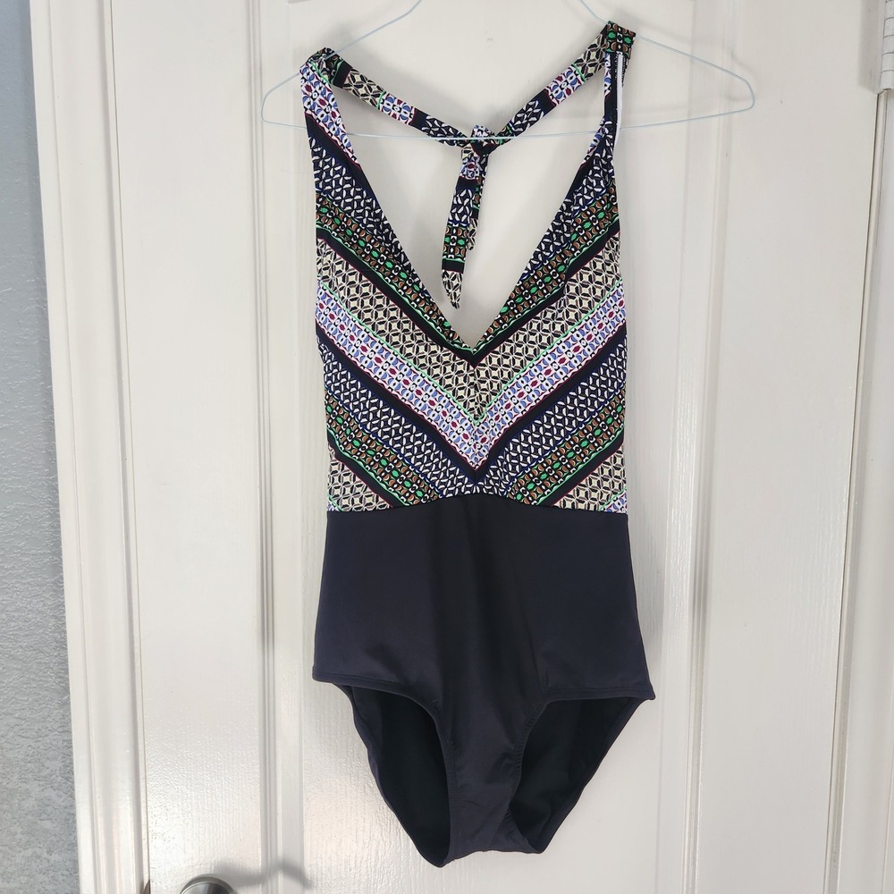 Cleanwater Women Geometric Chevron Halter One Piece Swimsuit Black Multi Size M